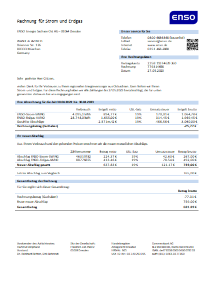 ENSO electricity utility business bill SCR PSD template